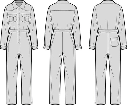 Women’s utility jumpsuit fashion flat sketch, long sleeve, front zip, chest pockets, waistband detail, cad drawing flat vector illustration