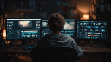 A person sits in a dark room editing videos on three large monitors, surrounded by a cozy, dimly lit workspace.