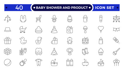 Baby Shower And Product outline icon set. Newborn, diaper, baby bottle, crib, pacifier, toy, pin, bib, first days of life, supplies, healthcare, transportation and safety.