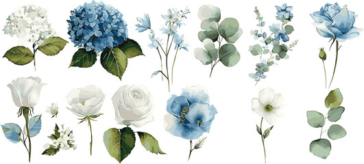 Watercolor Blue and White Floral Clipart Set PNG background