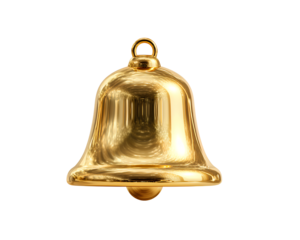  Polished Gold Bell Notification Icon with Reflective Surface, Front View, Isolated on Transparent Background PNG