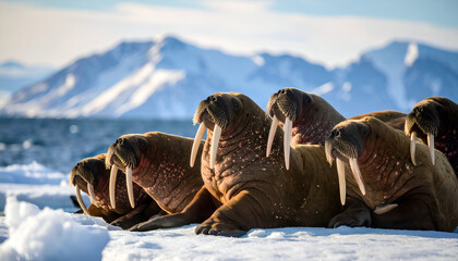 Walrus Herd with Arctic Ice, and Mountains.