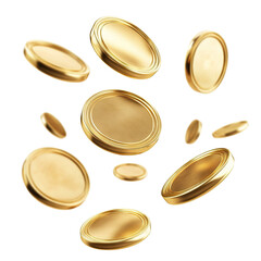 Floating gold coins in motion, isolated on transparent cutout background