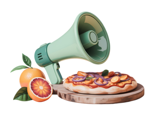 Mint green megaphone announcing pizza with oranges isolated on a transparent background announcement