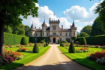 Fototapeta premium Majestic castle grounds meticulously landscaped with vibrant flowerbeds, manicured lawns, and ancient trees, creating a breathtaking scene , heritage, pathway