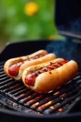 Perfectly grilled hot dogs sizzling on a barbecue grill, ready to be served Juicy, flavorful, and delicious summer food , delicious meal, meat