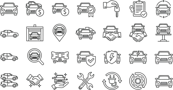 Automotive service and sales icons representing vehicle transactions, maintenance, and financing