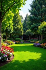 Fototapeta premium Serene backyard oasis featuring lush green lawn, vibrant flowerbeds, and mature trees creating a peaceful and inviting atmosphere Perfect for relaxation and outdoor entertaining , flowers, house