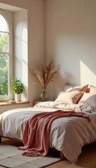 Serene bedroom designed for relaxation and rejuvenation, featuring calming colors, natural light, and comfortable bedding Perfect for promoting wellness and healthy sleep , neutral, aromatherapy