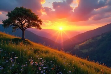 Serene landscape at sunrise, conveying peace and inner tranquility, ideal for representing spiritual growth and achieving life goals , journey, mindfulness, achievement