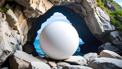 White sphere with coastal cave, and ocean view.