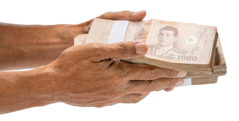 Hand holding Bundle of Thai 1000 bath banknotes isolated on white background, Hand holding Bundle of Thai 1000 bath banknotes on White Background With clipping path.