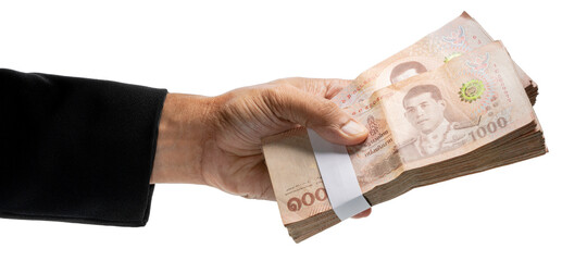 Hand holding Bundle of Thai 1000 bath banknotes isolated on white background, Hand holding Bundle of Thai 1000 bath banknotes on White Background With clipping path.