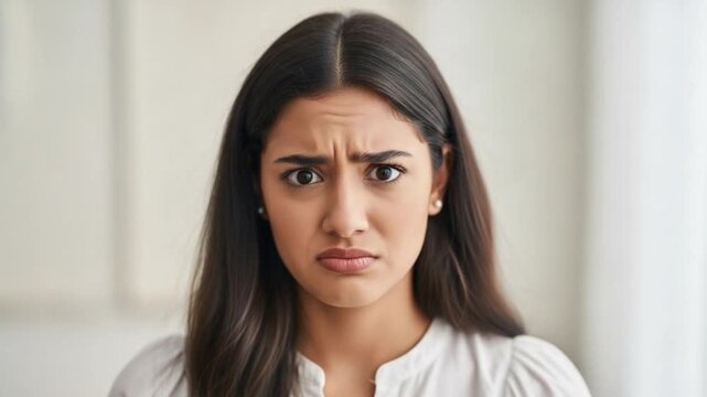 Skeptical Young Woman with Furrowed Brows and Disbelief Expression