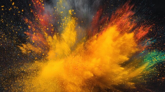 Swirling cloud of colorful powder mid-air, capturing dynamic motion in a festive celebration scene.