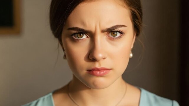 Skeptical Young Woman with Furrowed Brows and Disbelief Expression