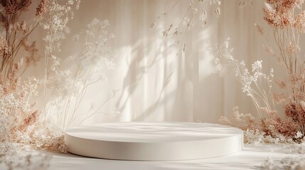 Minimalist, round podium surrounded by dried flowers in soft light