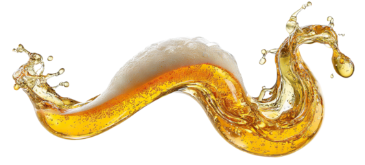 Splashing beer wave with foam and drops, isolated on transparent cutout background