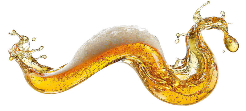 Splashing beer wave with foam and drops, isolated on transparent cutout background