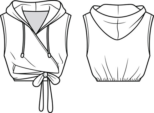 Sleeveless cropped hoodie with wrap front, adjustable tie knot, hooded casual top, sporty summer wear, trendy workout apparel, vector CAD drawing