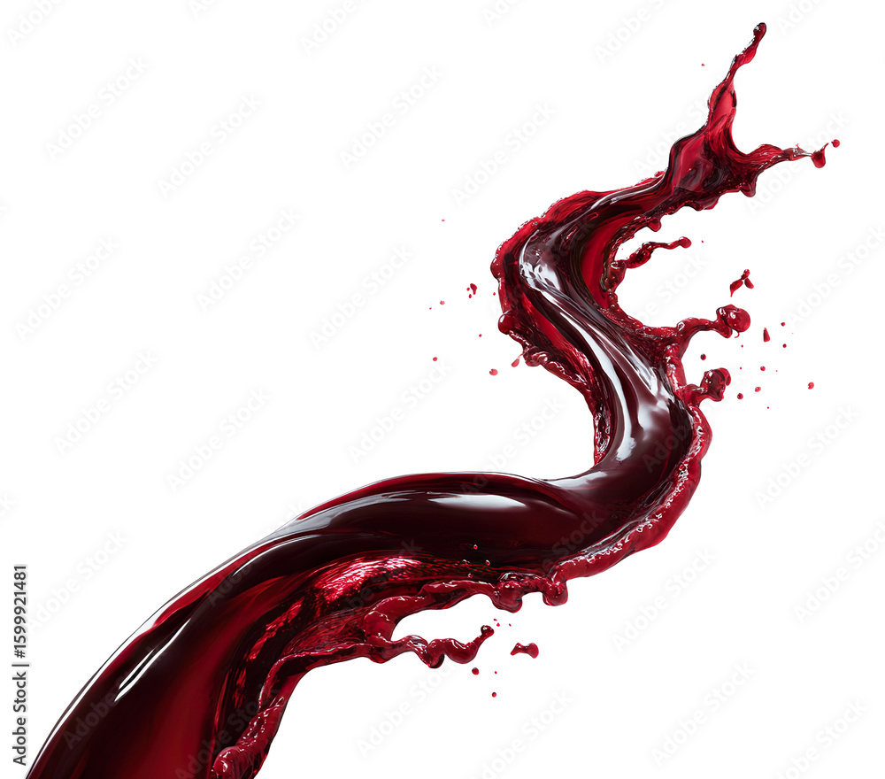 Poster red wine splash in dynamic motion curve, isolated on transparent cutout background