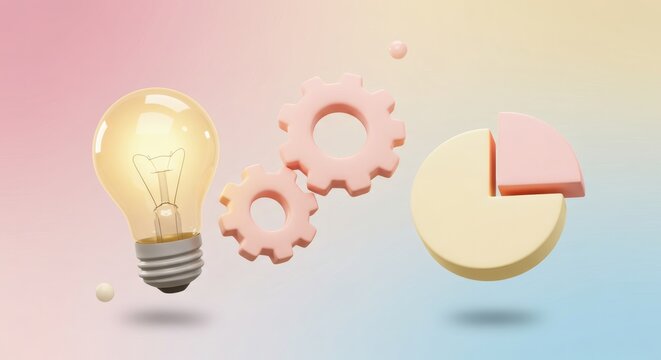 Innovative business strategy concept with a glowing idea lightbulb, process gears, and data analysis pie chart on a pastel background