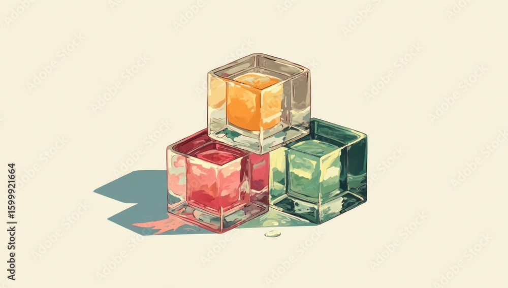 Poster three colorful cube-shaped containers with liquid inside.