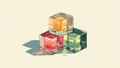 Three colorful cube-shaped containers with liquid inside.