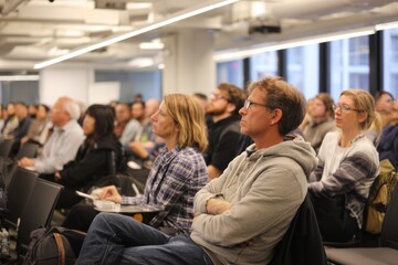 People at seminar sitting and listening