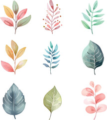 Colorful Watercolor Leaves Set Vector Clipart