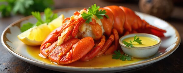 A delicious plate of succulent lobster meat, served with melted butter and lemon wedges, garnished with fresh parsley Enjoy a luxurious seafood feast , meat, shellfish, delicious food