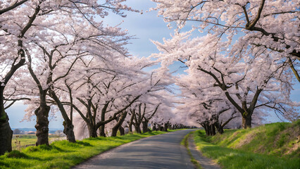 Image is a landscape photograph featuring a picturesque pathway lined with cherry blossom trees in full bloom.