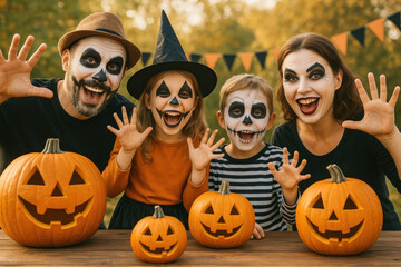 Fototapeta premium Family in Halloween costumes posing for a photo.