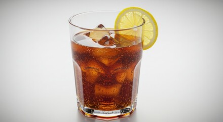 Refreshing Glass of Cola with Lemon Slice and Ice Cubes, Studio Shot
