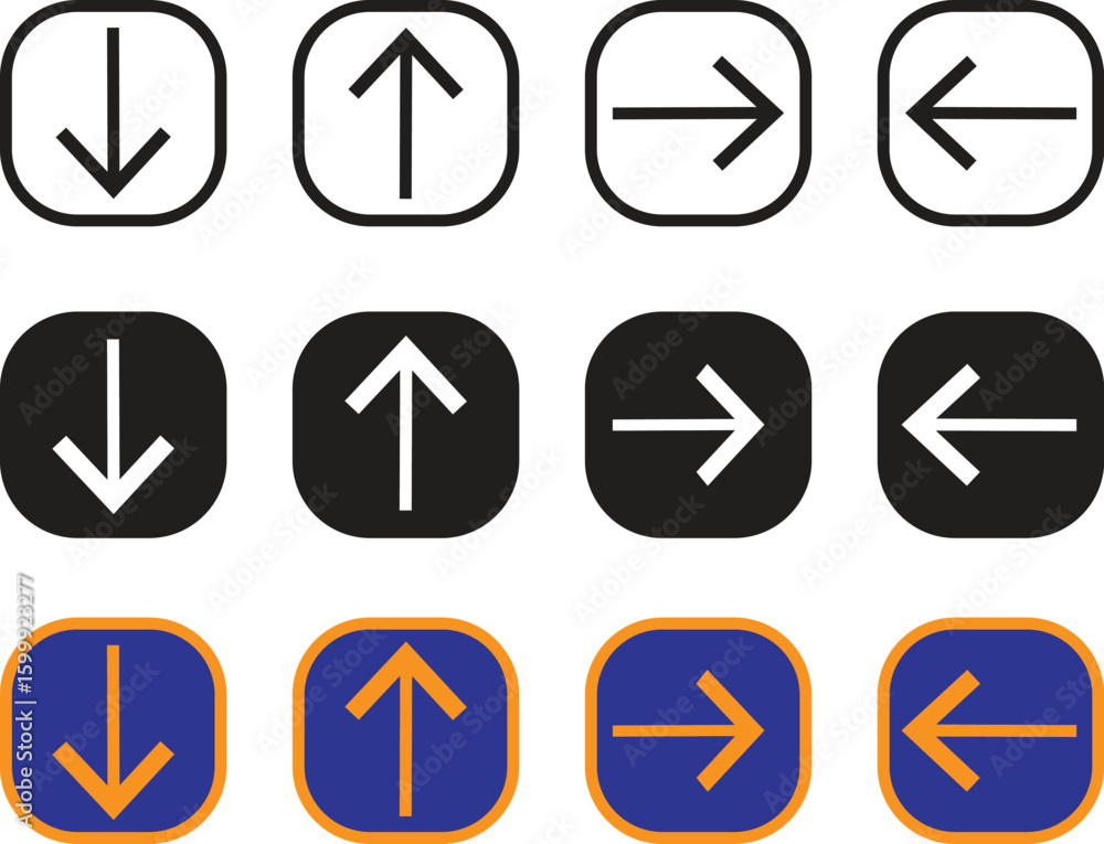 Poster arrow icons set in minimal square style showing directions up, down, left, and right with outline, s