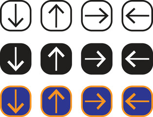 Arrow icons set in minimal square style showing directions up, down, left, and right with outline, solid, and color fill – transparent background