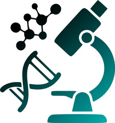 A teal-toned graphic of a microscope, DNA, and molecules, symbolizing scientific research.