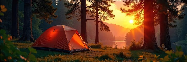 Obraz premium A serene tent campground nestled amongst towering trees, bathed in the warm glow of sunset Perfect for a peaceful escape to nature , rope, landscape, light