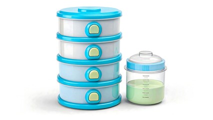 Stackable blue and white food containers with one filled with green liquid on white background