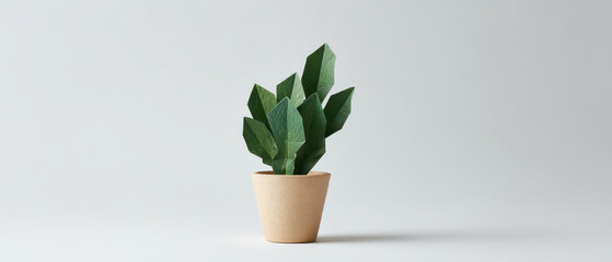 Origami cactus in pot on neutral background