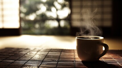 和室の空き茶碗、湯気と柔らかな光

