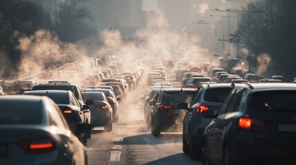 Heavy traffic congestion on a city road during rush hour with visible exhaust fumes contributing to air pollution.
