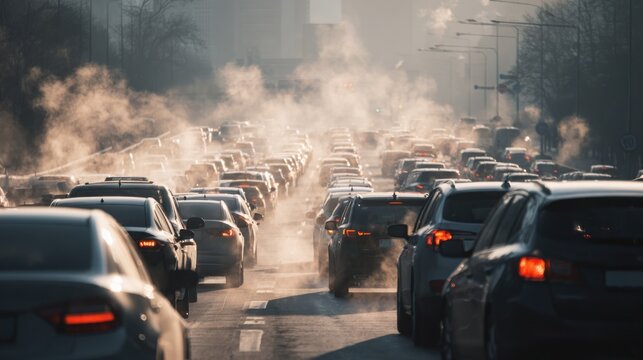 Heavy traffic congestion on a city road during rush hour with visible exhaust fumes contributing to air pollution.