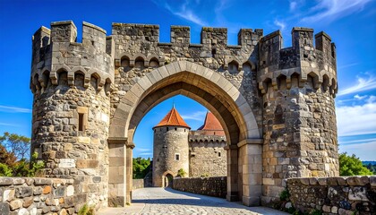 Ancient stone gatehouse with archway leading to medieval castle