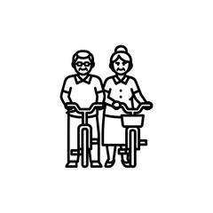A line drawing depicts an elderly couple standing together with their bicycles, suggesting an active and healthy lifestyle.