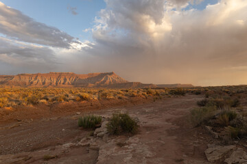 Warm sunset light splashes across the face of Gooseberry Mesa and the surrounding desert in Southern Utah USA while dramatic summer monsoon clouds drop curtains of rain in the distance.