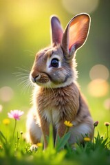Fototapeta premium Adorable bunny rabbit sitting amidst wildflowers in a sun-drenched meadow, perfect for springtime or Easter themes Soft focus, natural light creates a dreamy atmosphere , sunlight, sunshine