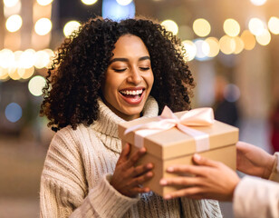 Woman receiving gift with night city.
