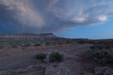 A dry ravine leads towards curtains of virga that follow the trailing edge of a summer monsoon storm as the day descends into blue hour in the desert below Gooseberry Mesa, Southern Utah USA.