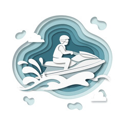 Obraz premium A paper-cut style illustration of a person riding a white jet ski on layered blue water, wearing a helmet and life vest.